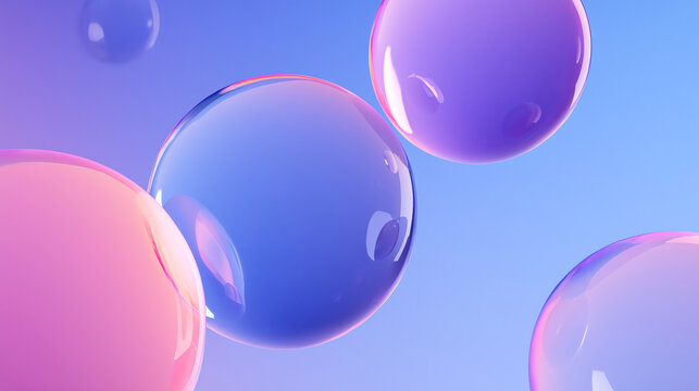Minimalist 3D desktop wallpaper featuring floating glassy spheres in soft blue, purple, and pink gradients with smooth reflections on a clean background