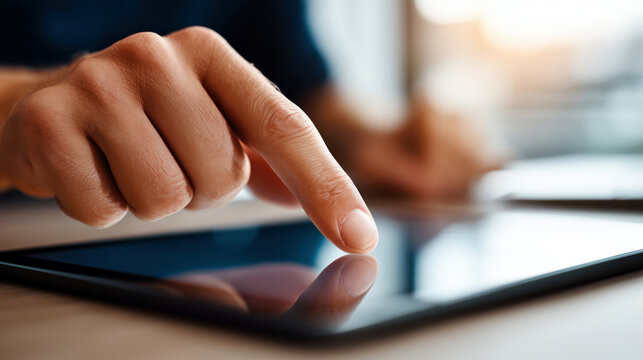 Close-up of a businessman's hand interacting with a tablet in an office