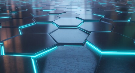 Hexagon Pattern, Abstract Tech Background, Futuristic Design, 3D Render, Neon Lights, Glowing Edges, Dark Blue Hexagons, Geometric Texture, Modern Wallpaper, Shiny Surface