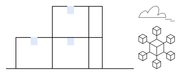 Geometric shapes forming stacked blocks alongside a network grid and a cloud outline. Ideal for connectivity, data organization, cloud computing, digital systems, architecture, networking