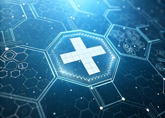 Futuristic glowing blue hexagonal grid with a bright white plus symbol at its center isolated on white background