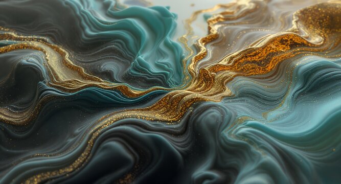 Liquid Marble Texture Teal, Gold Black Abstract Art Background