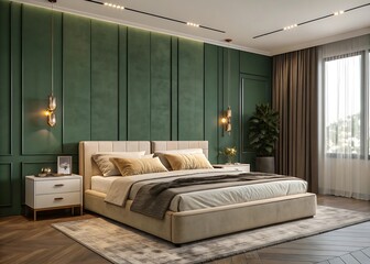 Luxurious modern bedroom with a king size bed and plush green velvet headboard isolated on white background