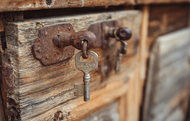 Rustic wooden door with aged, rusty metal hardware and keys