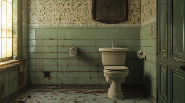 A vintage bathroom with green tile rusty window and aged wallpaper a toilet and sink are visible sunlight streams in through the window