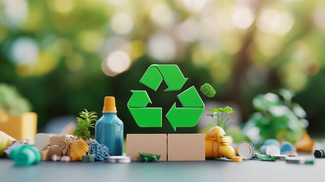 Green recycling symbol with assorted waste and plants promoting eco friendly practices