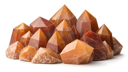 A vibrant cluster of polished orange calcite crystal points arranged in a dynamic formation against a clean white background