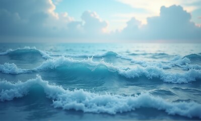 Fototapeta premium Gentle turquoise waves crest and foam under a soft, cloud-dusted sky at dawn, evoking a sense of calm and natural beauty.