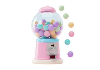 Pink and blue gumball machine with colorful candies, isolated on transparent background