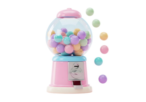Pink and blue gumball machine with colorful candies, isolated on transparent background