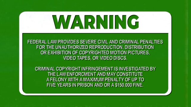 A retro anti piracy warning, complete with tracking lines and static, from a vintage VHS tape