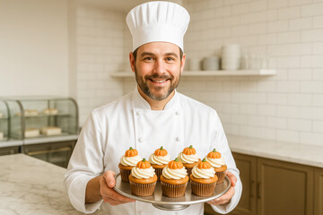 Smiling chef in a white uniform and hat proudly holding a tray of freshly baked pumpkin cupcakes topped with whipped cream and tiny pumpkin decorations, in a bright bakery kitchen