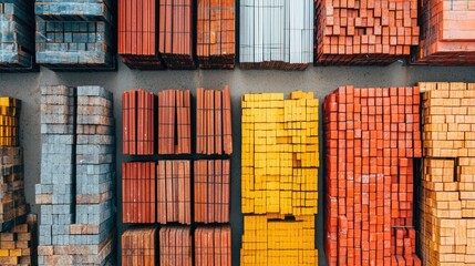 Fototapeta premium A close up view of various construction materials such as bricks blocks wood and steel neatly stacked and organized at a construction site The image showcases a vibrant color palette of red yellow