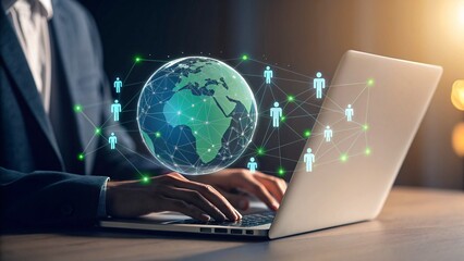 Global business connections visualized with laptop technology for modern international cooperation success