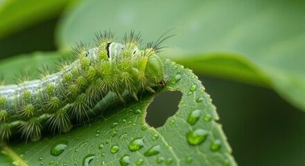 Fototapeta premium Green Caterpillar Eating Leaf with Water Droplets Close Up
