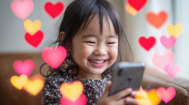 Little happy smiling cute asian girl looking at smartphone screen with colourful hearts floating around. Social media digital chat communication and notification icons concept - Powered by Adobe
