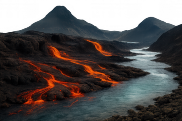 Molten lava streaming into ocean beside volcanic peaks, digital rendering with transparent background
