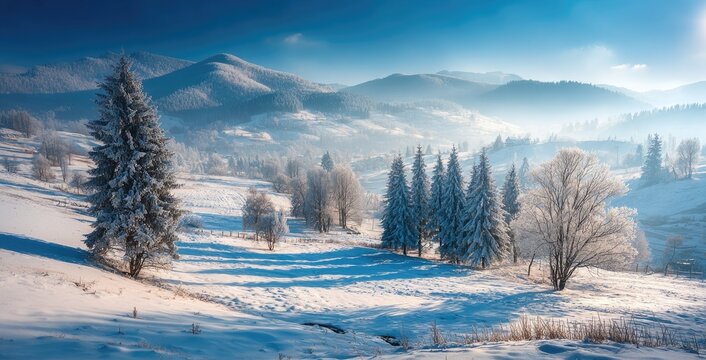 Winter wonderland panorama. Snow-dusted, frosted trees on a sunlit mountain landscape