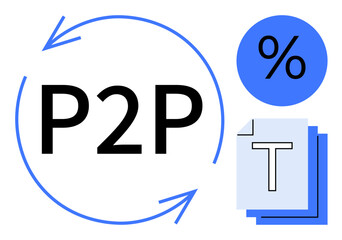 P2P lettering framed with circular arrows, percentage icon, and document stack symbolizing data exchange, collaboration, and transfer. Ideal for fintech, networking, sharing platforms, education