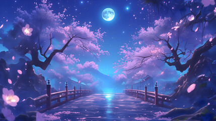 Obraz premium 桜 さくら 木 月 月光 よる 夜 夜桜 はる 春 日本 アニメ风 背景 壁紙