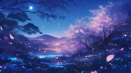 桜 さくら 木 月 月光 よる 夜 夜桜 はる 春 日本 アニメ风 背景 壁紙