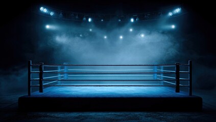 Empty boxing ring, arena spotlights, smoky atmosphere, competition