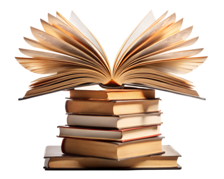A stack of old books with the top one open, displaying its pages, isolated on a transparent background, symbolizing knowledge, learning, and the pursuit of wisdom