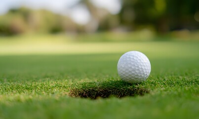 Fototapeta premium close-up of a white golf ball resting inside a golf hole on a vibrant green putting green
