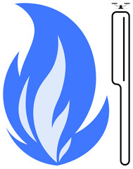 Blue gas flame next to a detailed fuel cylinder representing energy, safety, gas industry, conservation, heating, cooking, industrial use. Ideal for sustainable energy, safety awareness simple flat
