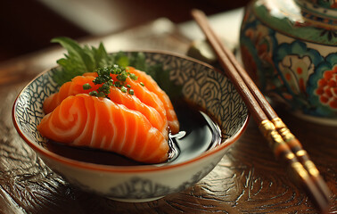 Closeup of Salmon Sashimi in a Bowl with Soy Sauce and Chopsticks