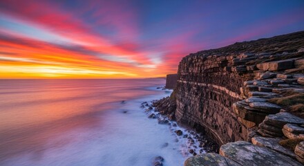 Dramatic Coastal Cliffs and Vibrant Sunset Over the Ocean Seascape
