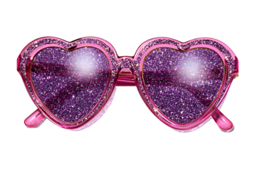 Vintage pink heart-shaped sunglasses with purple glitter, on a white background, in a clipart style,