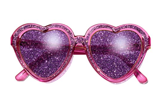  Vintage pink heart-shaped sunglasses with purple glitter, on a white background, in a clipart style,