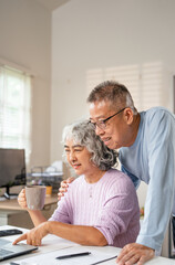 Senior couple purchasing online on laptop and drinking coffee, spending weekends at home.