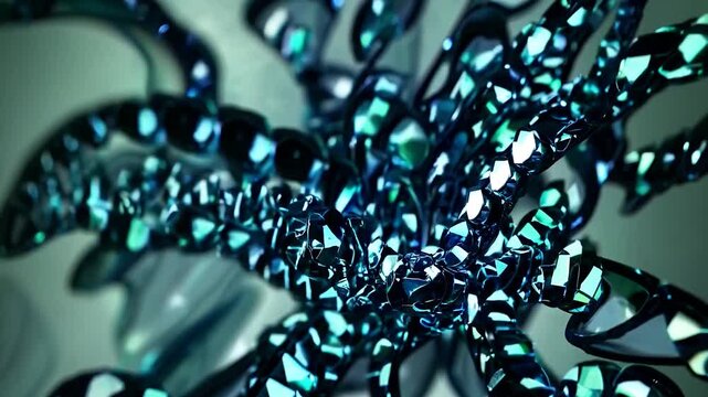 Branches crystallize and morph from green to blue, forming a captivating abstract display with a shiny, mirrored finish
