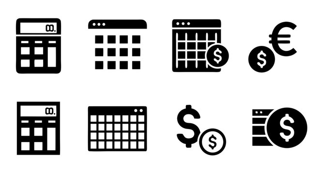 Calculator, Calendar, Money, and Coin Icons Essential Symbols for Business and Finance - Powered by Adobe