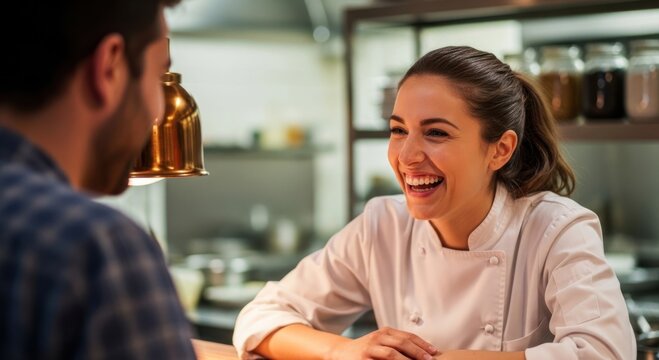 Happy Female Chef Laughing in Restaurant Kitchen with Customer