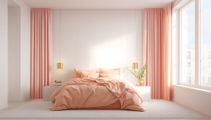 Cozy bedroom with soft pink bedding and natural light streaming through large windows