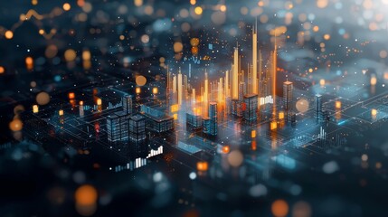 Dynamic urban data visualization futuristic cityscape digital artwork nighttime environment aerial perspective technology concept