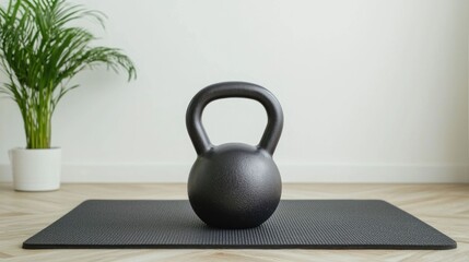 Minimalist kettlebell workout setup on a soft exercise mat with a strategic placement of the kettlebell ready for a focused training session at home or in a fitness studio