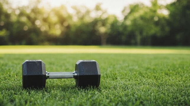 Portable workout equipment including dumbbells placed on a grassy outdoor field perfect for fitness strength training and a healthy active lifestyle