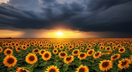 Fototapeta premium Radiant Sunflower Field Under Dramatic Stormy Sunset Sky