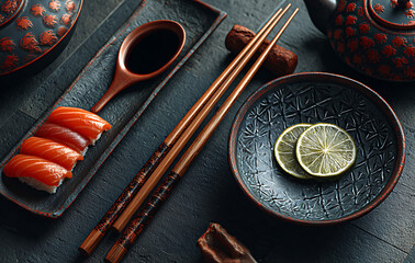 Salmon Sushi with Lime on Dark Background