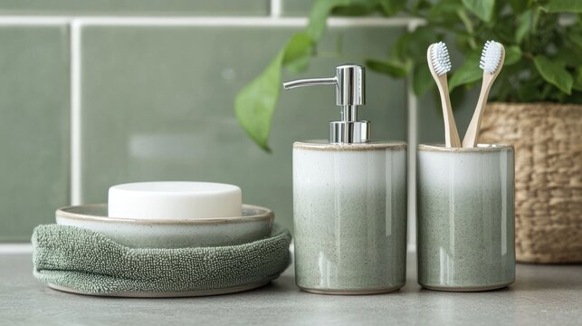 Stylish and Functional Green Ceramic Bathroom Accessory Set Featuring a Soap Dispenser and Toothbrush Holder for a Modern Minimalist Decor
