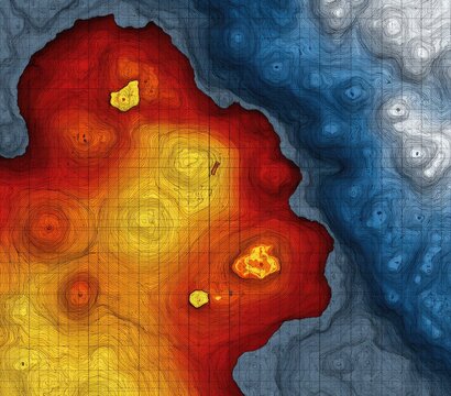 Topographic map, reddish-orange and blue gradients, grid