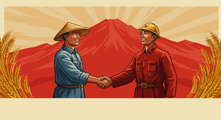 Two Men (Peasant, Engineer) Shaking Hands, retro poster style. Unity, cooperation, National Day China. For historical content, patriotic promotions, cultural events
