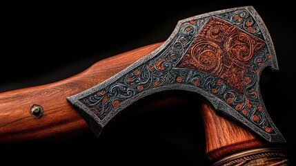 Artfully Designed Black and Orange Axe with Detailed Wooden Handle on Black Background