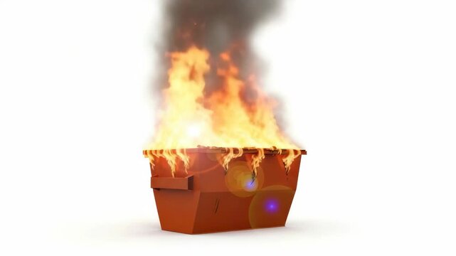 Dumpster fire conceptual illustration, flames engulfing metal waste bin, inferno burns brightly,