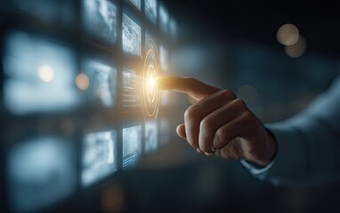Close-up of a hand interacting with a holographic interface displaying numerous image grids.  A glowing circular element is highlighted, indicating selection or focus
