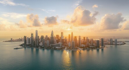 Fototapeta premium Stunning Golden Hour Cityscape Skyline Aerial View, Breathtaking Urban Panorama
